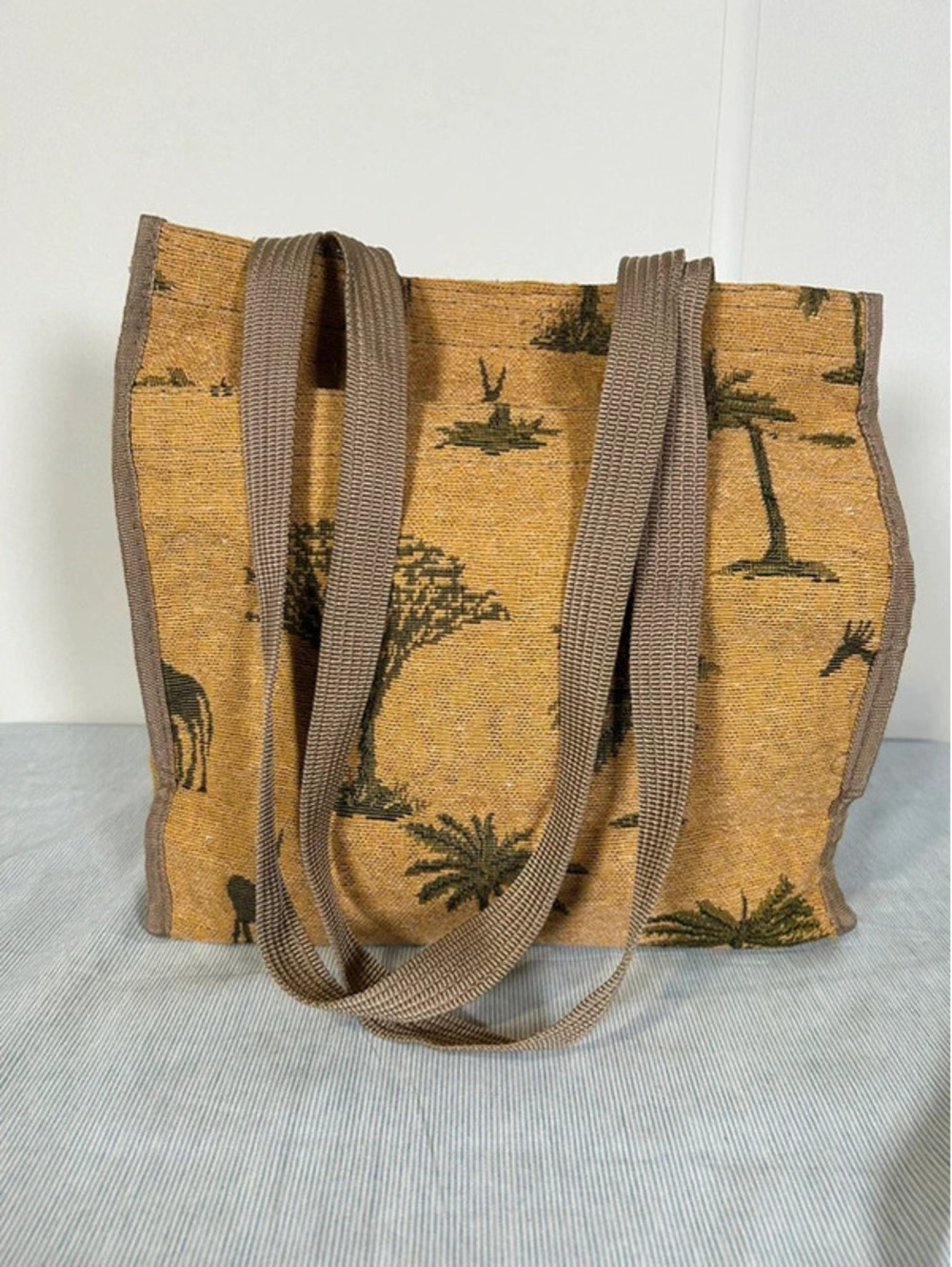 Safari Animal Print Woven Tapestry Tote Bag Jungle Palm Tree Zip Top